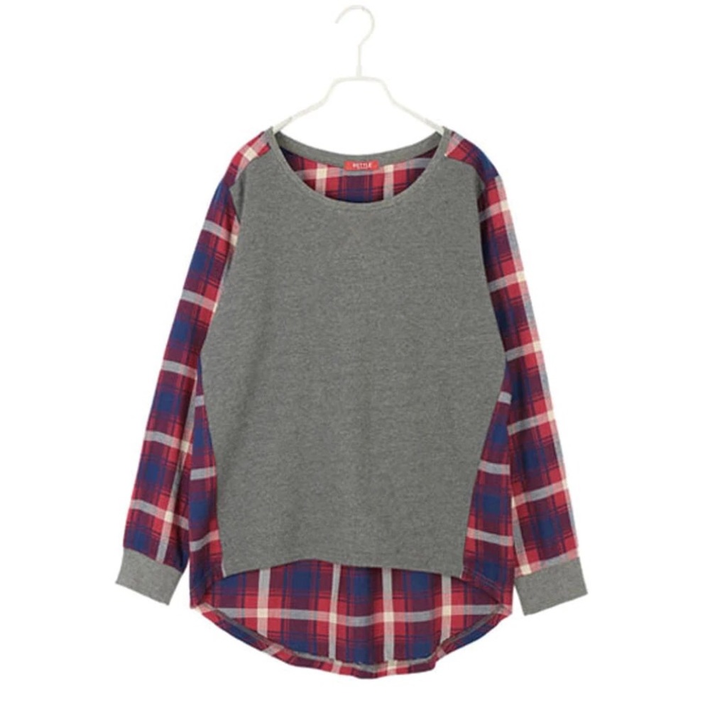 SOLID GREY TOP W/ RED & BLUE PLAID DETAIL